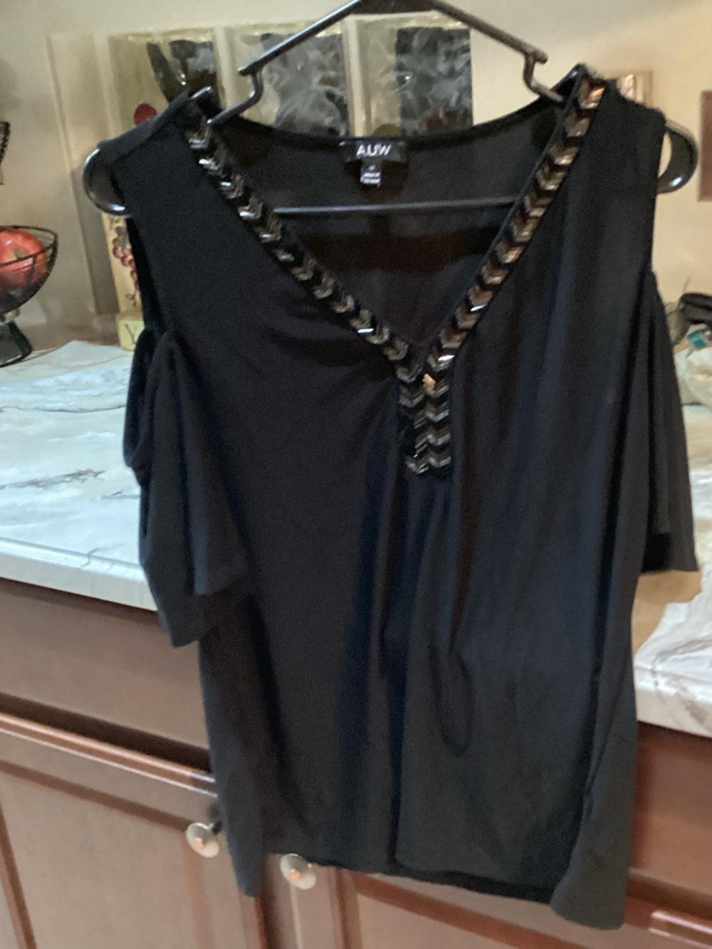 Black Cold-Shoulder V-Neck Top with Beaded Trim sequins missing